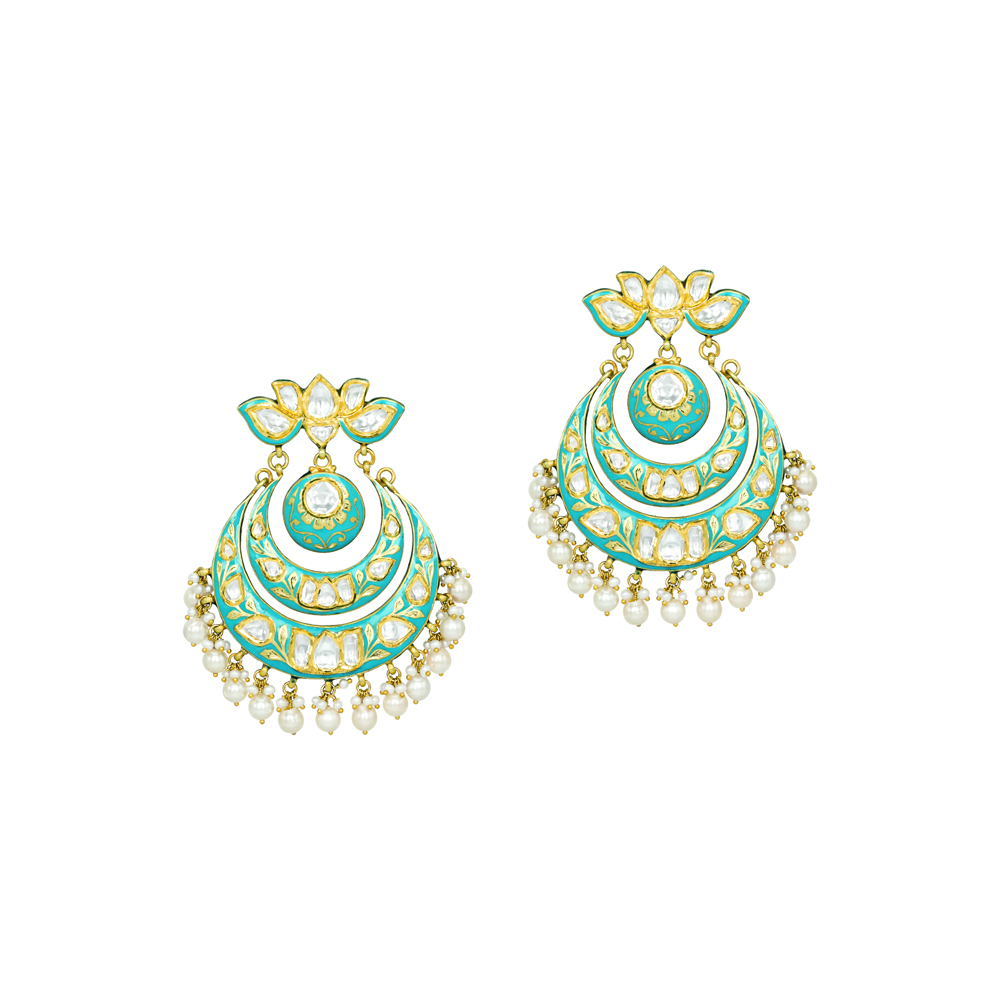 Turquoise Lotus-Inspired Chandbali Earrings with Polkis and Pearls